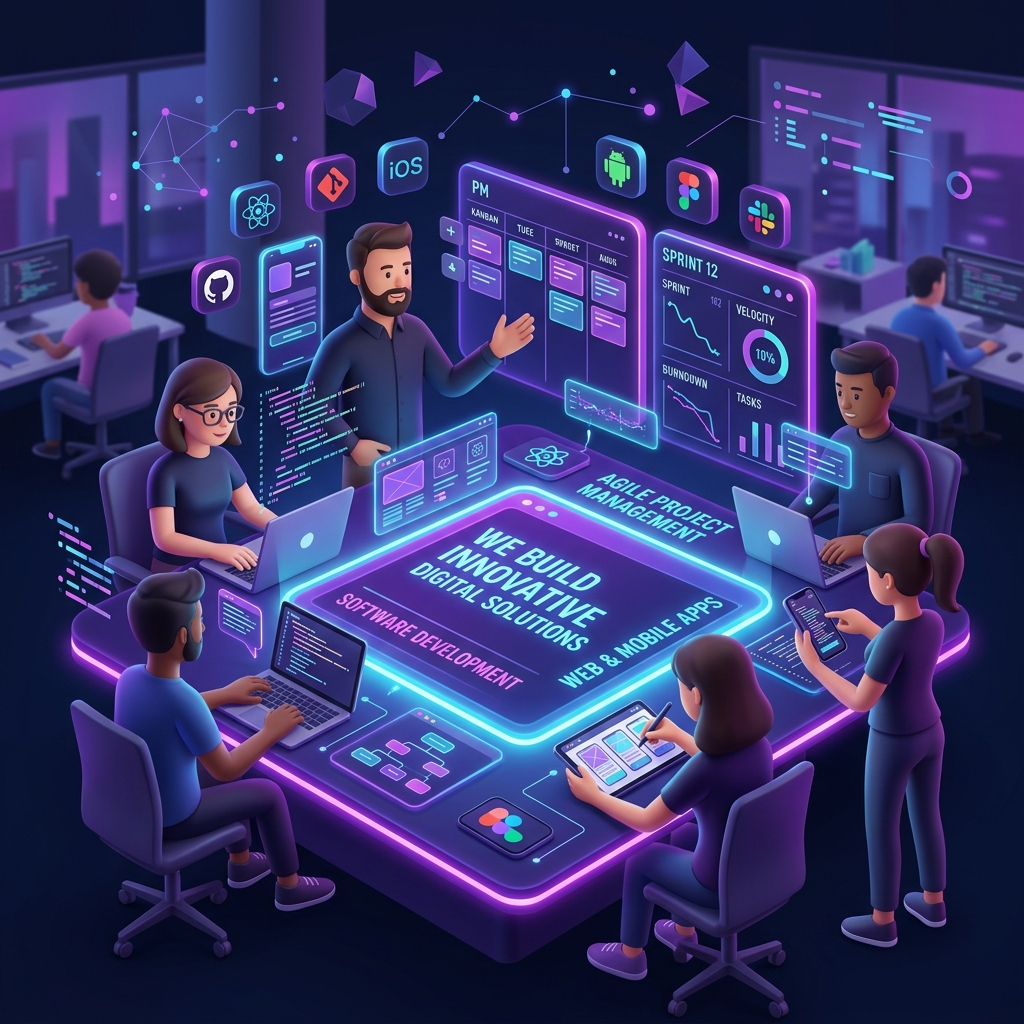 AgileBox software development team collaborating on digital projects illustration